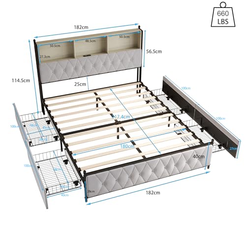 Bett mit Schublade, 180 x 200 cm, Doppelbett, gepolstert, mit 4 Schubladen, Bett, Truhe mit LED und USB-Aufladung, Bettgestell mit Kopfteil für Erwachsene Jugendliche, Samt, Beige – Bild 3