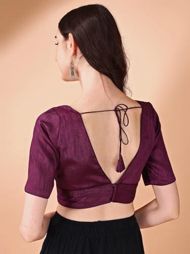 Image of Womanista Women's Dupion Silk Half Sleeve Solid V Neck Readymade Saree Blouse Stylish