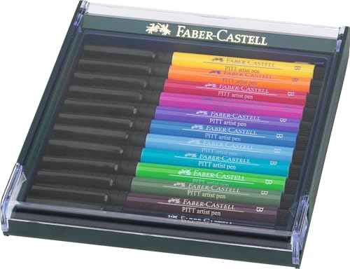 Faber-Castell 267421 - Stylos à encre Pitt Artist Pen Brush, 12 stylos pinceaux dans des couleurs de base, set de marqueurs pour adultes