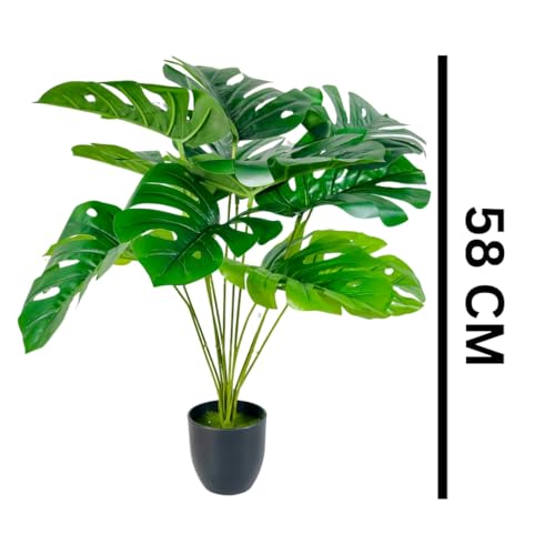 Image of Dekorly Artificial Palm Plants Leaves Faux Turtle Leaf Fake Monstera Tropical Large Palm Tree Leaves Outdoor UV Imitation Leaf Decorations (Black Pot Monstera)