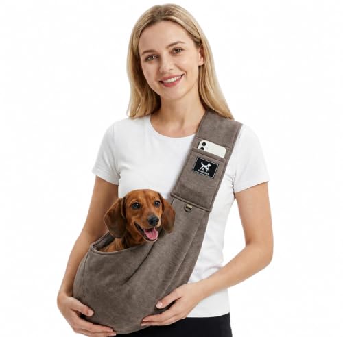 PAWPUBBY Dog Sling Carrier Wide Padded Shoulder Strap for Extra Comfort Hands-Free Adjustable Pet Carrier Sling for Small Dogs Puppies & Cats Breathable Lightweight for Travel Walking (Caramel M)