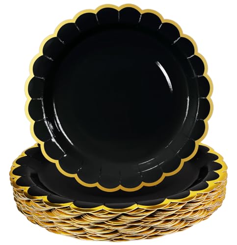 Image of HEIPINIUYE 50 Pieces Black Paper Plates with Gold Foil 7 Inch Disposable Black Scalloped Dinner Plates for Wedding Baby Shower Birthday Party Dessert Plate