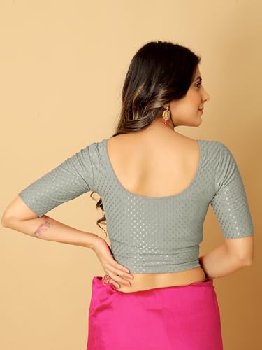 Image of Amazon Brand - Anarva Round Neck Dobby Cotton Lycra Stretchable Elbow Half Sleeve Readymade Saree Blouse for Women Stylish