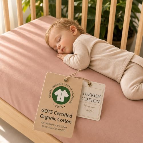 Image of Organic Travel Crib Fitted Sheets Compatible with 4moms Breeze Plus Playard,Baby Bjorn Travel Crib, Graco, Mini Crib 1 Pack Pure Turkish Cotton 38x26 Playard Bedding, Cover Boy, Girl