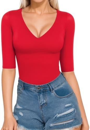 MANGOPOP Women's V Neck Half Sleeve Bodysuit 3/4 Sleeve Slim Fitted Body Suit Sexy Going Out Shirts Tops (Red, X-Large) - Image 2