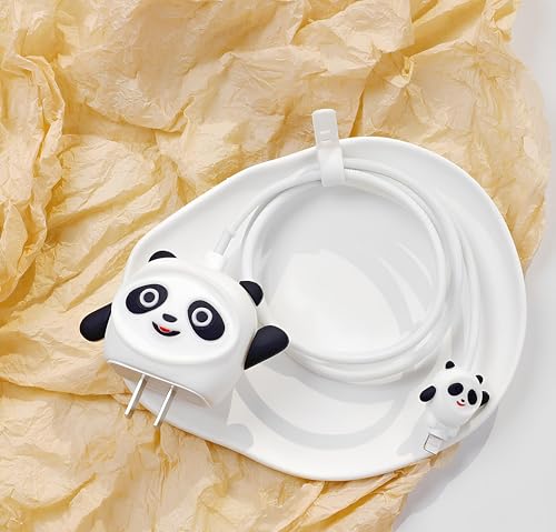 Image of skysia Charger & Cable Protector for iPhone (18W-20W) - 3D Cute White Panda Design, Full Protection Cover, Data Line Wire Saver, 4-in-1 Silicone Set (Multicolored, Pack of 1)
