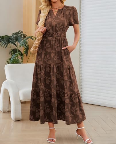 Image of Women's Maxi Dresses Boho Burnout V Neck Short Puff Sleeve Smocked Empire Waist Long Wedding Guest Semi Formal Dress Pockets