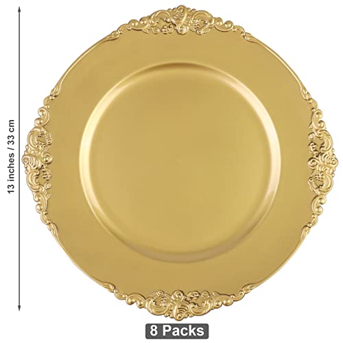Breroa 8 Pack Gold Charger Plates With Embossed Rim Round Plastic Dinner Plates 13 Inches Antique Floral Serving Plates For Weddings, Table Setting, Holiday Parties #TOP1