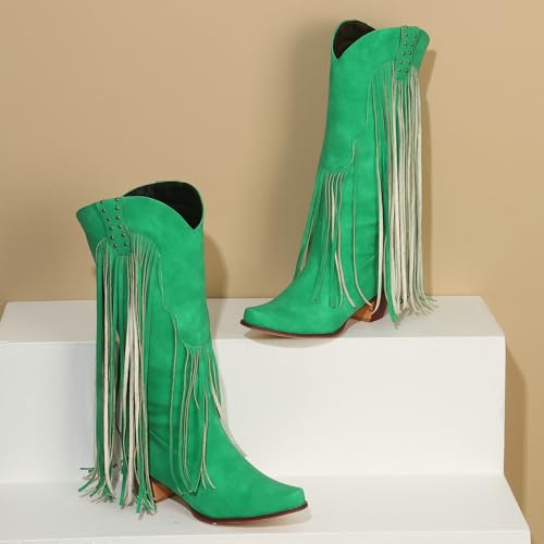 Image of KiutSymo Mid Calf Fringe Boots For Women Cowboy Pointed Toe Chunky Heels Cowgirl Western Tassel Boots