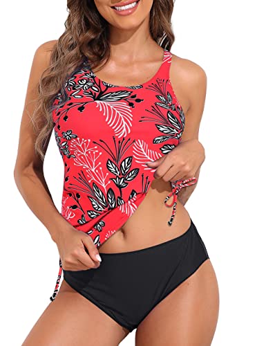 Firpear Bathing Suits For Women Drawstring Swim Top With Bottom Tummy Control Tankini Swimsuits Scoop Neck Two Piece Plus Size Swimwear Us16 Red Floral #TOP1