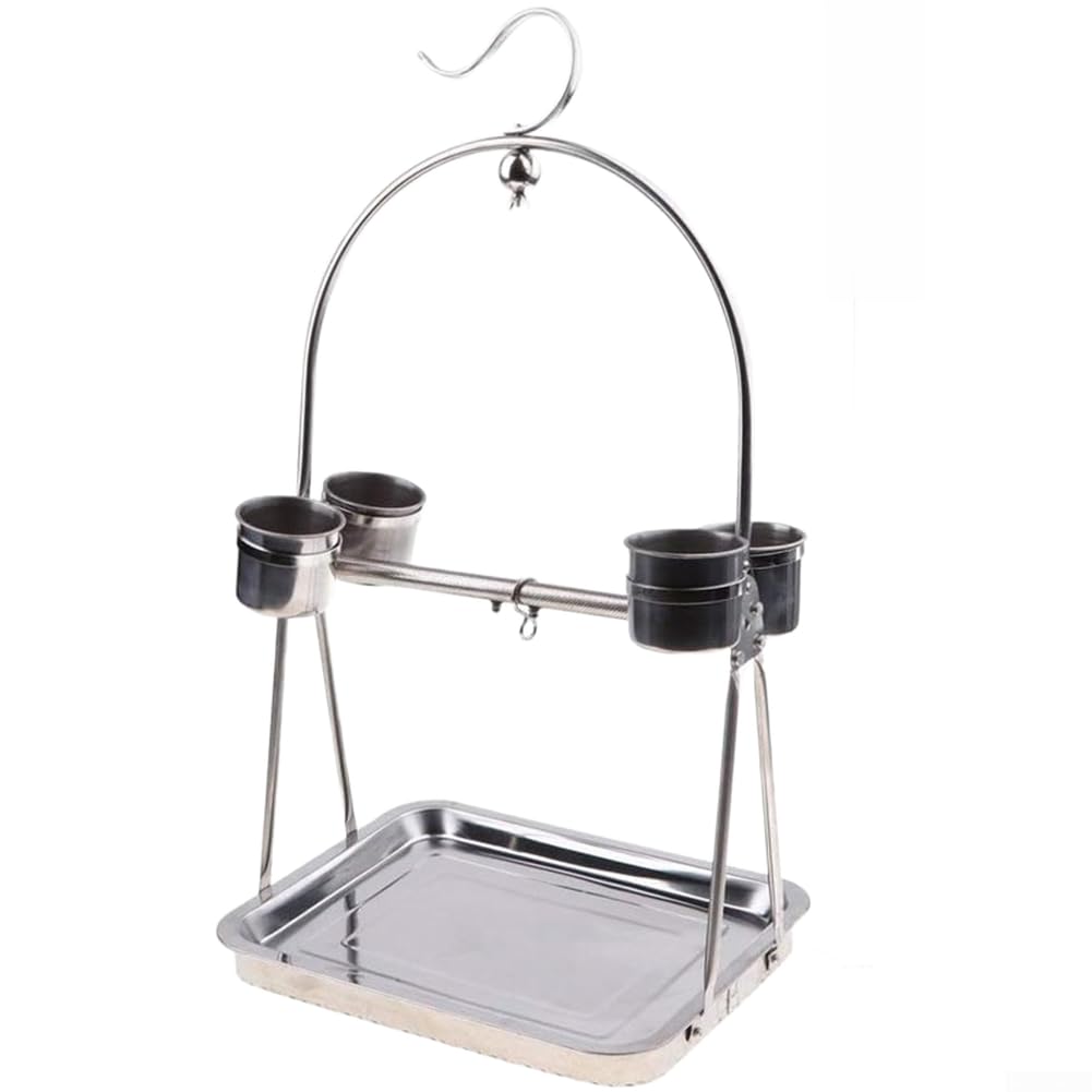 Vogelstange aus Edelstahl für kleine, mittelgroße Vögel inklusive drehbarem Haken und Easy Clean Tray System (A)
