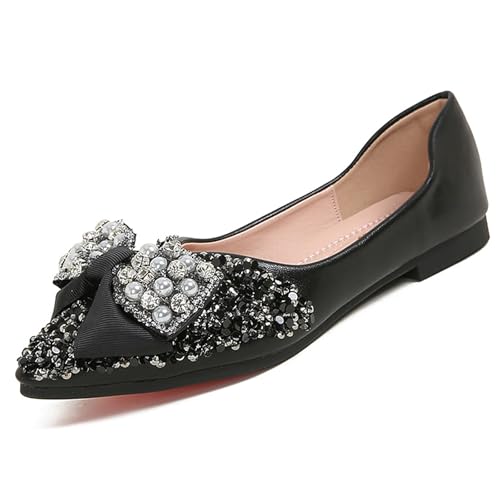 Women's Pointed Toe Rhinestone Bow Flats Comfortable Soft Slip on Low Heel Wedding Dress Shoes Sparkly Ballet Flats