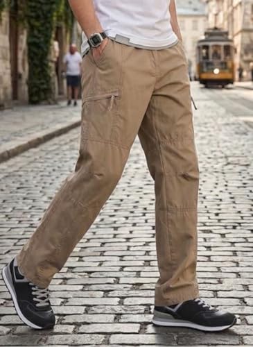 Image of Men's Cotton Cargo Pants |Bottom with 6 Pockets & Drawstring Waist | Breathable Lower with 6 Pockets & Drawstring Elastic Waistband | Casual Bottoms Travel Outdoor