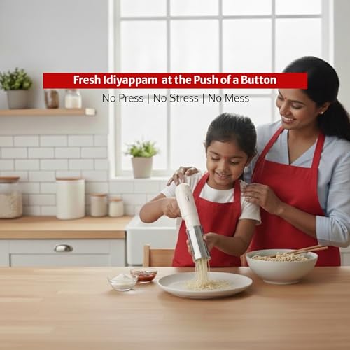 Image of Pigeon Instamami Automatic Noodle Maker with 6 Moulds | Cordless Type-C Idiyappam & Pasta Maker | Portable Handheld Noodle Press | Cream