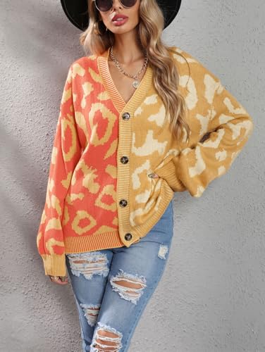 chouyatou Women's Color Block Leopard Print Button Down Long Sleeve Cardigan Sweaters2