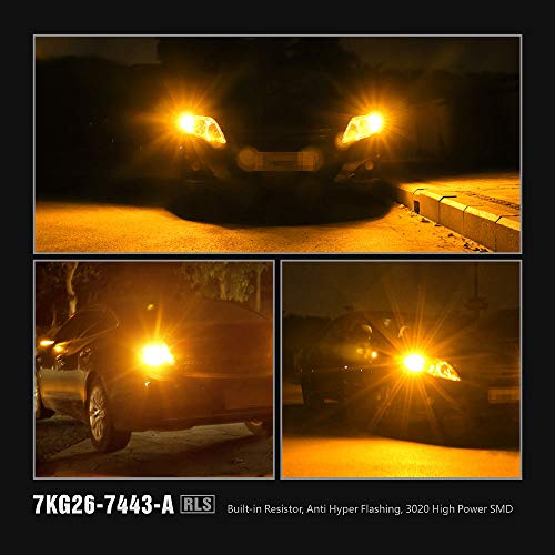 SIRIUSLED RLS 7443 7444 Built In Resistor Canbus Anti Hyper Flashing Error LED Turn Signal Light Bulb with Full Aluminum Body Dual Filament Smart Driver Amber Orange Color Pack of 2