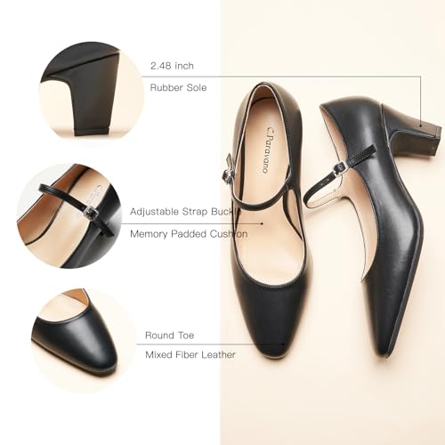 C.Paravano Women's Pumps Mary Jane Pumps Closed Almond Toe Block Heels Adjustable Strap Fashion Causal Party Shoes(Black,7.5)4