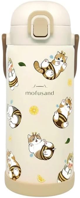 Mo fusand Japanese Kawaii Cat Stainless Steel Water Bottle – 34oz | Large Capacity | One-Push Lid with Handle | Hot & Cold Insulated | Cupcake & Honey Cat Design