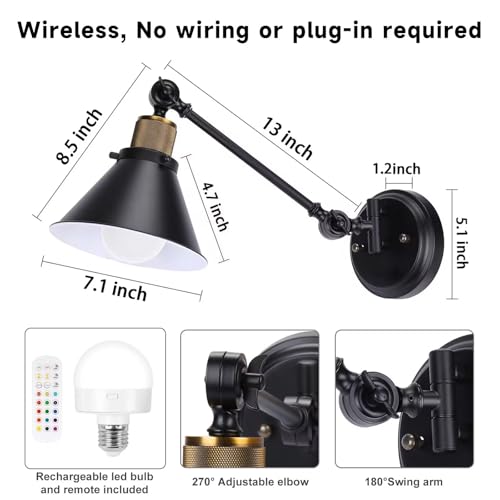 Image of TRLIFE Rechargeable Battery Operated Wall Sconce, Dimmable and Adjustable Color Temperature Wireless Wall Sconces Set of 2 with Remote Control, Swing Arm Wall Mounted Light for Bedroom Bedside Hallway