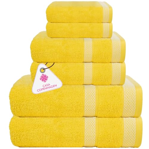 CASA COPENHAGEN Solitaire 6Pcs 100% Egyptian Cotton Large Designer Towels Gift Set- Light Yellow, 600GSM, 2Bath 2Hand 2Washcloths, Bath Towels for Bathroom Set for Women & Men