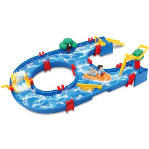 Image of VATOS Kids Water Table Toy Outdoor in Summer, 39pcs DIY Mini Water Park Building Blocks Toy on Table or Lawn,Beach, Water Toy with 2 Boats, for Kids in Summer Outdoor Backyard