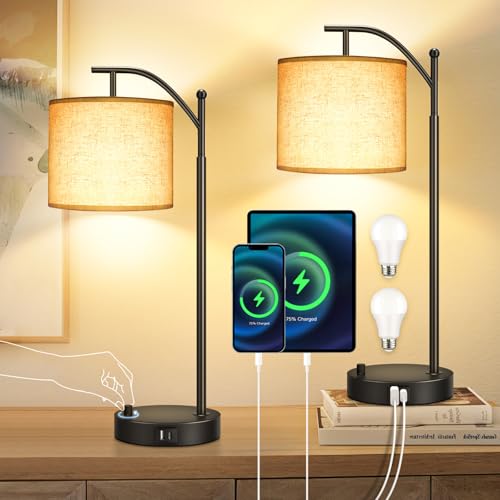 OUTON Bedside Lamps Set of 2, with USB A+C Charging Port, Stepless Dimmable Side Table Lamps with Linen Lampshade for Living Room, Bedroom, Office, 9W 3000K LED Bulb Included, Black