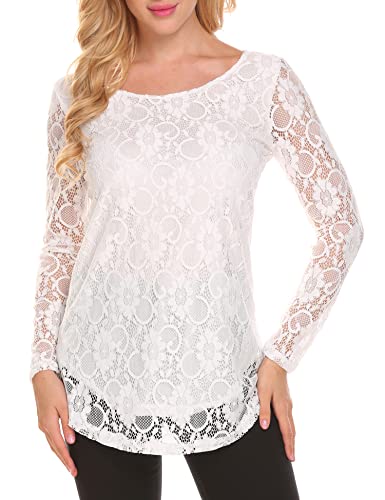 SoTeer Women's Long Sleeve Round Neck Lace Crochet Sexy Lace Blouses Tops,White XXL