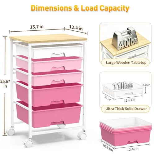 Image of SUNALLY Rolling Carts with 5 Drawers, Storage Drawer Carts for Craft, Pink