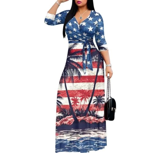 Hdjxbdhsv 250th Anniversary USA Maxi Dress for Women - American Flag Palm Tree Beach Print V-Neck Wrap Dress, Lightweight Beach Wear for Vacation & 4th of July Luau