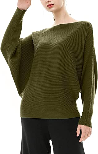 Image of FULIER Women Oversized Boat Neck Batwing Sleeves Dolman Knitted Sweaters Lightweight Pullovers Tops One Size