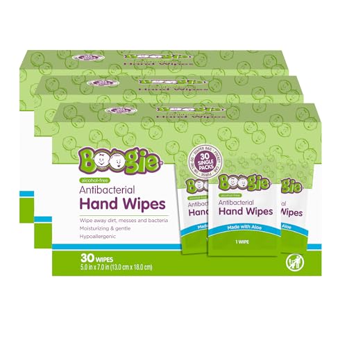 Boogie Antibacterial Hand Wipes - 90 Count - Hypoallergenic & Alcohol-Free - Individually Wrapped - Travel and Diaper Bag Essential