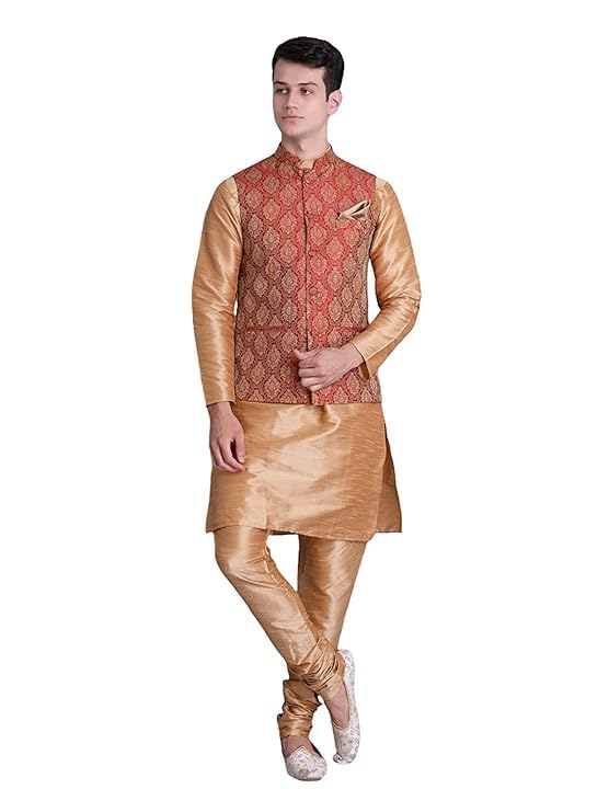 Image of Uri and MacKenzie Men's Silk Blend Kurta Churidar Pyjama with Stylish Nehru Jacket