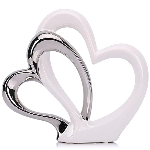 Estatua Dubble Heart de Cerámica Blanca y Plateada