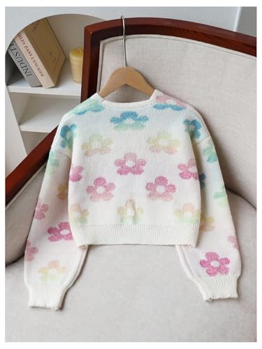 OYOANGLE Girl's Colorful Flower Open Front Cardigan Sweater Long Sleeve Loose Fall Knit Outerwear2
