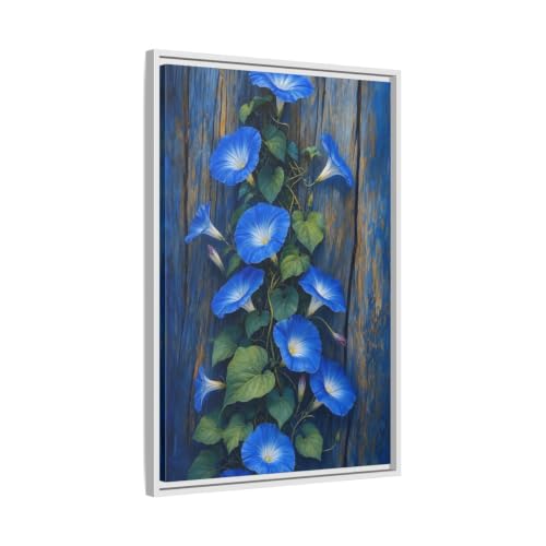 Toile florale Morning Glories bleue cadre blanc 50x75 cm salon
