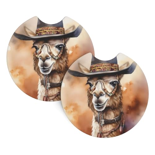 Juego 2 posavasos para coche con diseño acuarela llama y sombrero vaquero miniatura 1