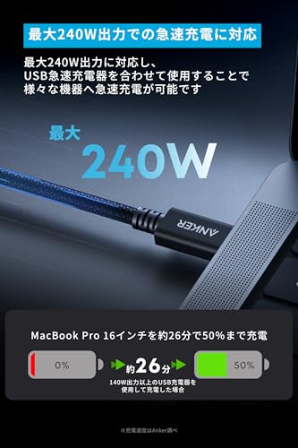 Anker Prime USB-C & USB-C ケーブル Thunderbolt 5 (240W, 80Gbps) 0.5m 240W出力 8K対応 最大80Gbps 高速データ転送 iPhone 16 / 15 MacBook Air Pro iPad Pro/Air 他対応