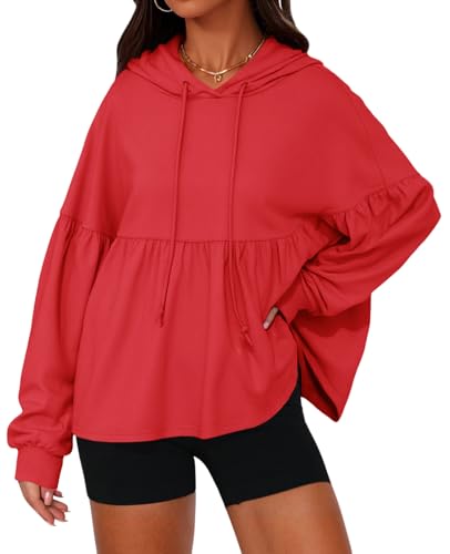 Sweat à capuche ample rouge pour femme doté d'un cordon de serrage et coupe péplum