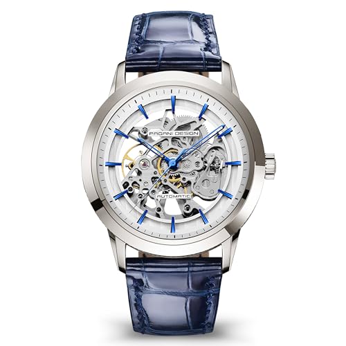 Pagani Design 1638 Reloj para Hombre 43MM Reloj automático para Hombre Diseño Esqueleto Caja de Acero Inoxidable 50M Resistente al Agua Correa de Piel Reloj Deportivo de Lu