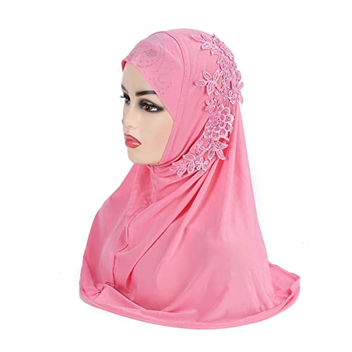 Women One Piece Muslim Hijab Lace Applique Head Wrap Scarf Shawl with Rhinestones2