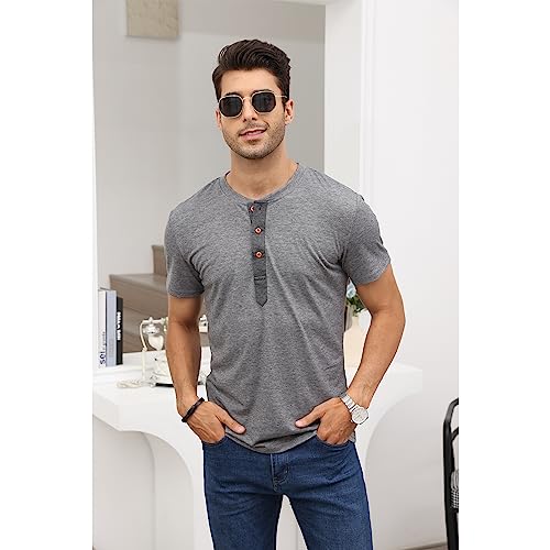 Men's Fashion Henley Shirt Short Sleeve Athletic Henley Top Casual Slim Fit Lightweight 3 Button T Shirts #TOP5