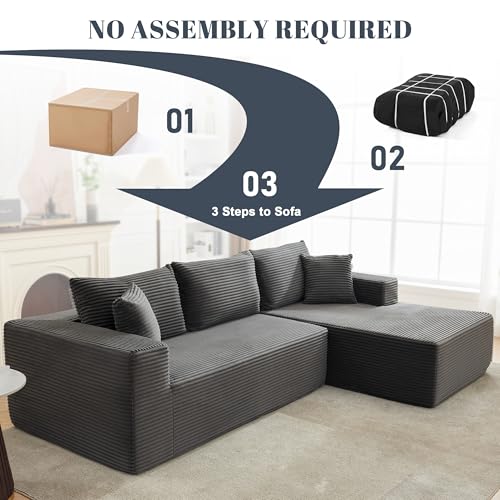 110” Cloud Sectional Couch, Boneless Sofa for Living Room, Modular Sectional Sofa with Deep Seat, Fluffy Couch with L-Shaped Chaise, No Assembly Required (Right-Facing Chaise, Dark Grey)