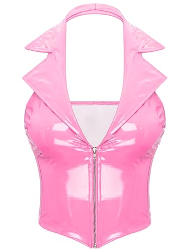 Hularka Women's Sexy Leather Halter Neck Zipper Vest Notched Lapel Waistcoat Clubwear Tank Top3