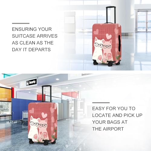 Image of Cat Glasses Romance Luggage Cover, Washable Suitcase Protector with Feline Hearts Flowers Anti-scratch for 18 inch,20 inch,22 inchBag