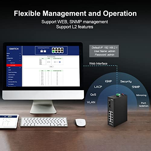 Image of MokerLink 8 Port PoE Gigabit Industrial DIN-Rail Ethernet Switch Managed, 2 SFP Ports, IEEE802.3af /at, 20Gbps Switching Capacity, Web Managed IP40 Network Switch (-40 to 185F)