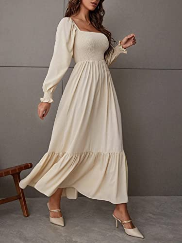 CHARTOU Women's Square Neck Long Puff Sleeve Smocked Pleated A-Line Flared Dress2