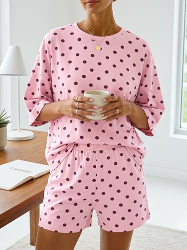Image of Tankaneo Womens Pajama Sets 3 /4 Sleeve Oversized Tops & Loose Fit Shorts Lounge Set with Pockets Loungewear