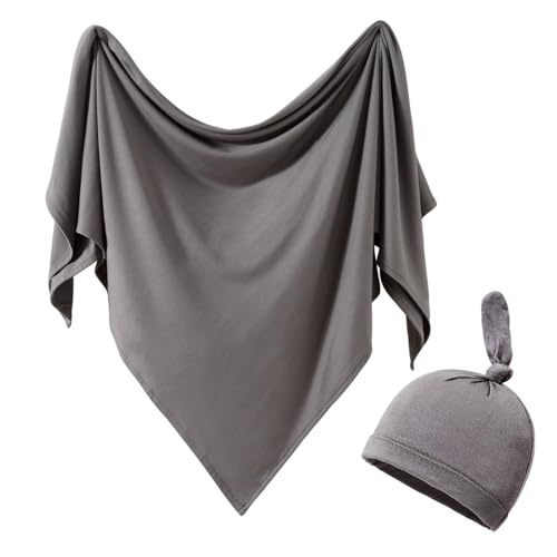 Image of iEvolve Cotton Knitted Baby Swaddle Blanket with Hat Headband Set Newborn Swaddle Wrap Receiving Blankets for Baby Girl Boy 35" x 35"(Dark Grey)