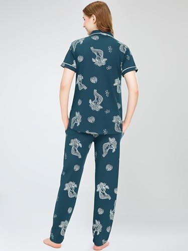 Image of ZEYO Night Suit for Women's Floral & Cheetah Printed Cotton Night Dress of Shirt and Pajama Set 5755