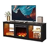 WLIVE Fireplace TV Stand for TVs up to 65 inch, Electric Fireplace TV Console with LED Lights, Modern TV Stand for Living Room, Entertainment Console with Glass Shelves, Black